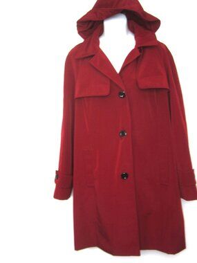 Calvin Klein EUC Size XL Rain Trench Coat Hood Red Polyester Button Long